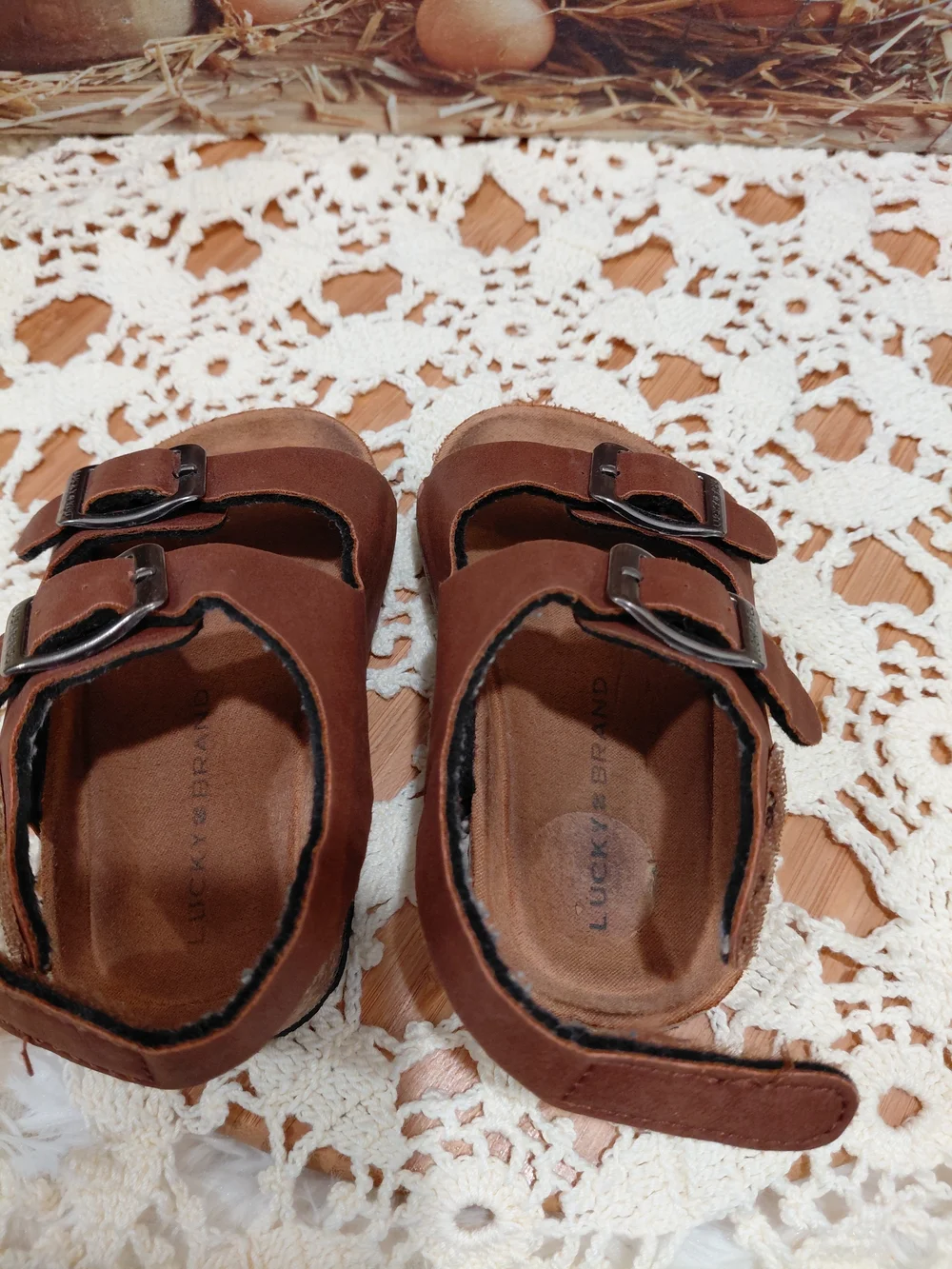 Lucky Brand Brown Double-Buckle Kids Sandals with Silver Buckles